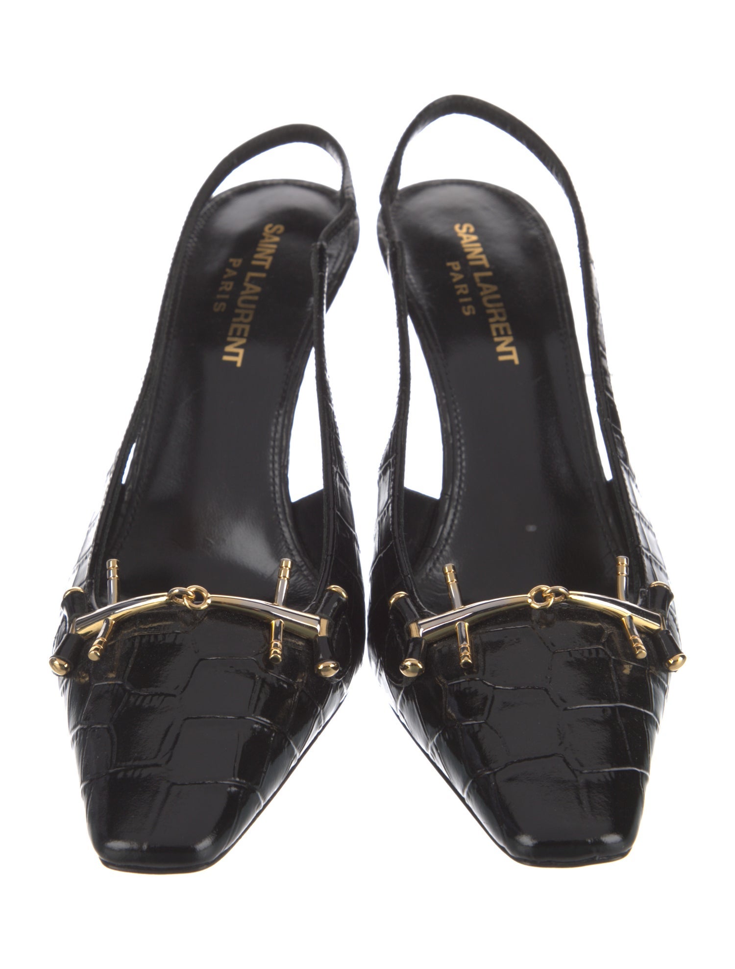 Saint Laurent Horsebit Accent Embossed Leather Slingback Pumps